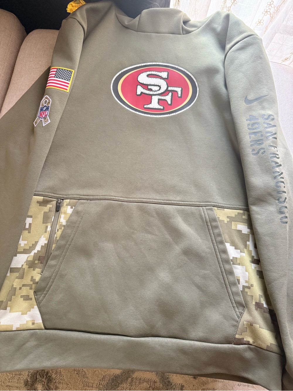 NFL San Francisco 49ers Olive & Red Pullover Hoodie with Camo Accents